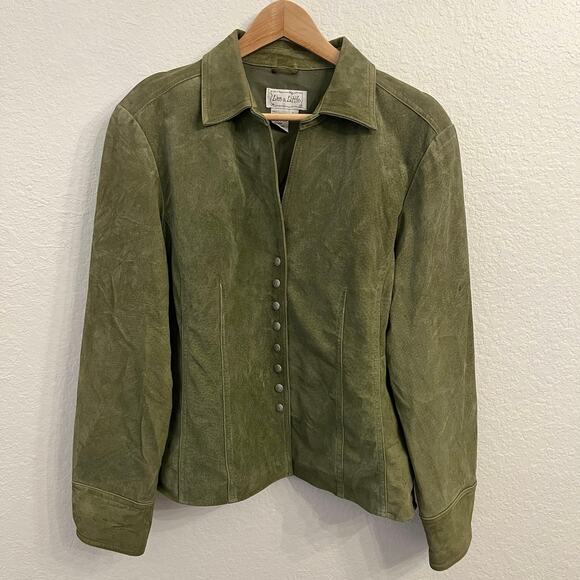 Vintage Live a Little Womens Suede Jacket L 90s Grunge Collared Snap Olive Green - Picture 2 of 16